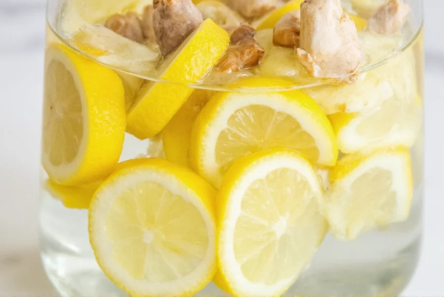 Close-up of fresh lemon slices and ginger root in glass pitcher of water