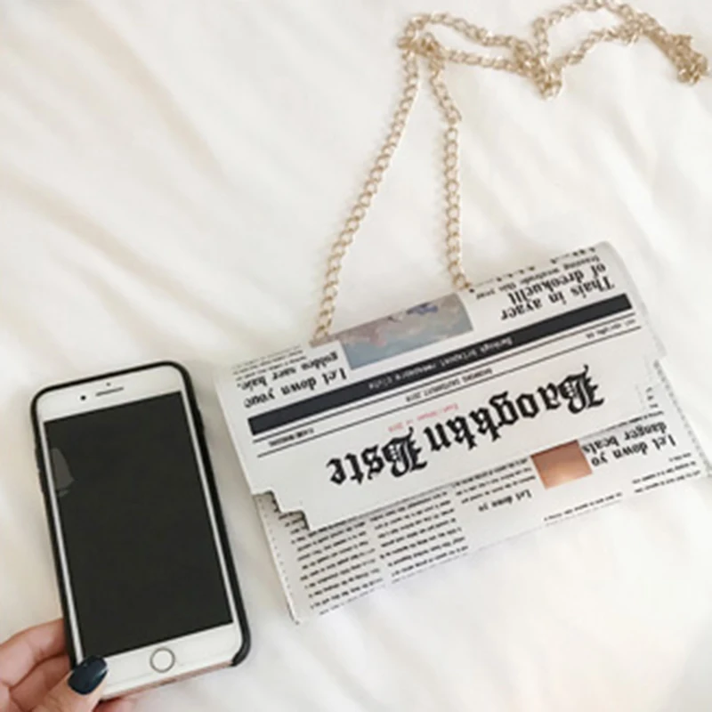 

Newspaper Print Casual Flap Clutches Purse Chain PU Shoulder sling crossbody bag women envelope Shape, As link or customized