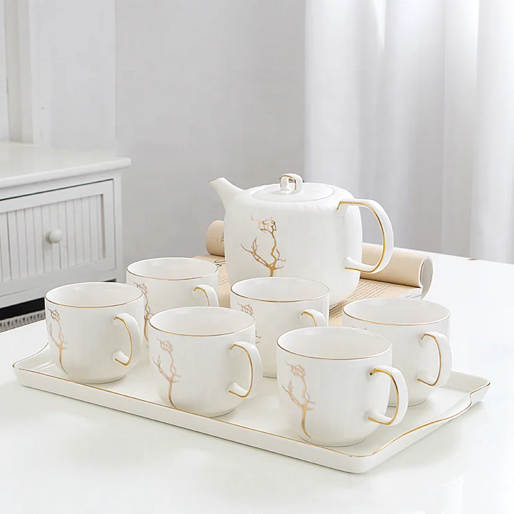 

Mother's Day Father's Day Nordic Style Creative White Ceramic Tea Sets Gold Rim Flower Afternoon Tea Sets