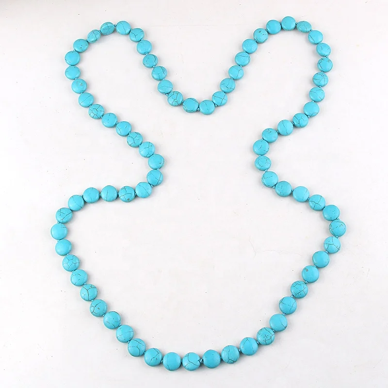 

Women Ethnic 1.4cm White Flat Turquoise Blue Stone Necklace Long Turquoise Necklaces, 2 color