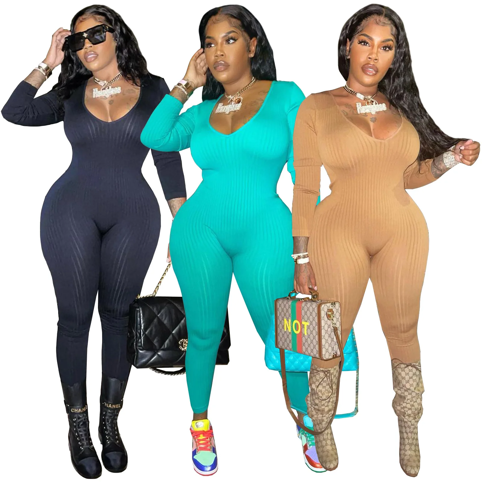 

Pit stripe jumpsuit 2022 spring Sport Wear Casual Jumpsuit Women U neck Skinny Sexy suit Female Fitness Rompers Overalls