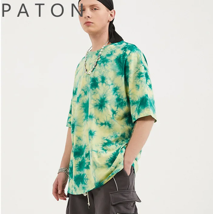 

2022 summer Irregular forest green tie dyeing shorts sleeves fashion high street oversized 190g cotton t shirt men