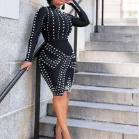 

2020 new fashion mature women bandage dress wholesale pearls beading long sleeve casual dress