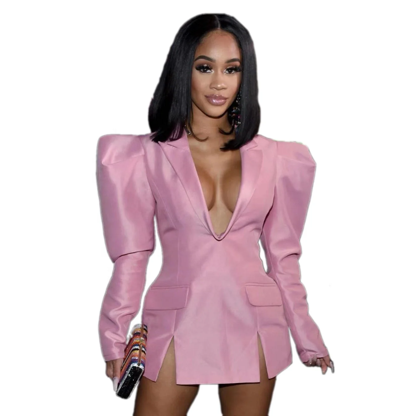 

OUDINA Hot Sale Fashion V-neck Design Sense Long Sleeve Jacket Women Pink Blazer Dress
