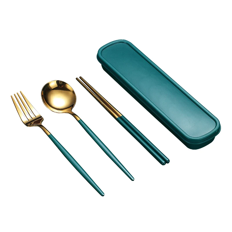 

Korean Style Gold Cutlery Set besteck Color Handle Portable cutlery Travel Camping set spoon fork chopstick set