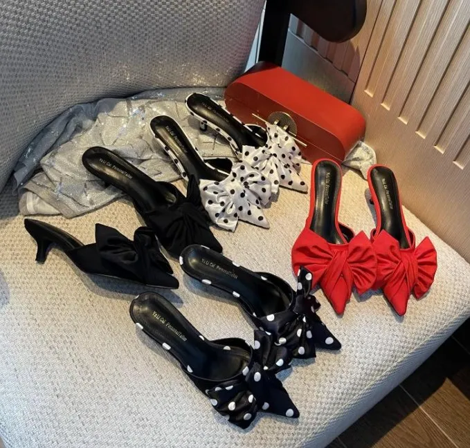 

Korean version big bowknot Baotou pointed half slipper wave point thin heel high heel shoes lazy shoes women's sandals