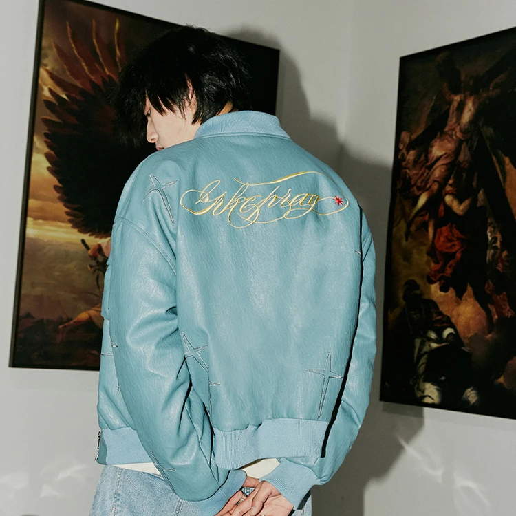 

Custom Logo Embroidery Waterproof Plus Size Original Biker Motorcycle Leather Bomber Jackets For Men Women, Blue