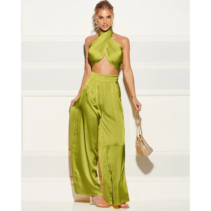 

Silk pantsuit with wide leg sexy jumpsuit casual woman wears satin jumpsuit