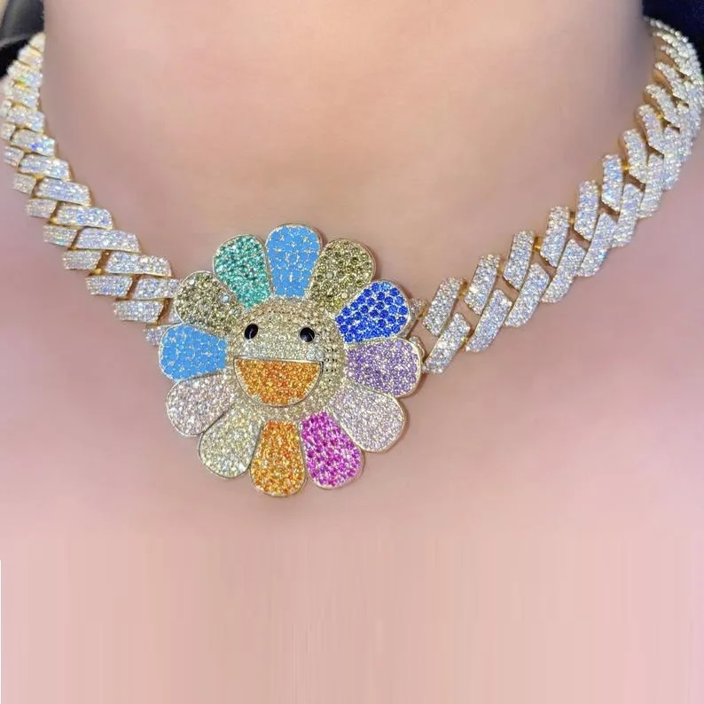 

12mm diamond cuban choker hip hop bling women smile face charm cuban necklace