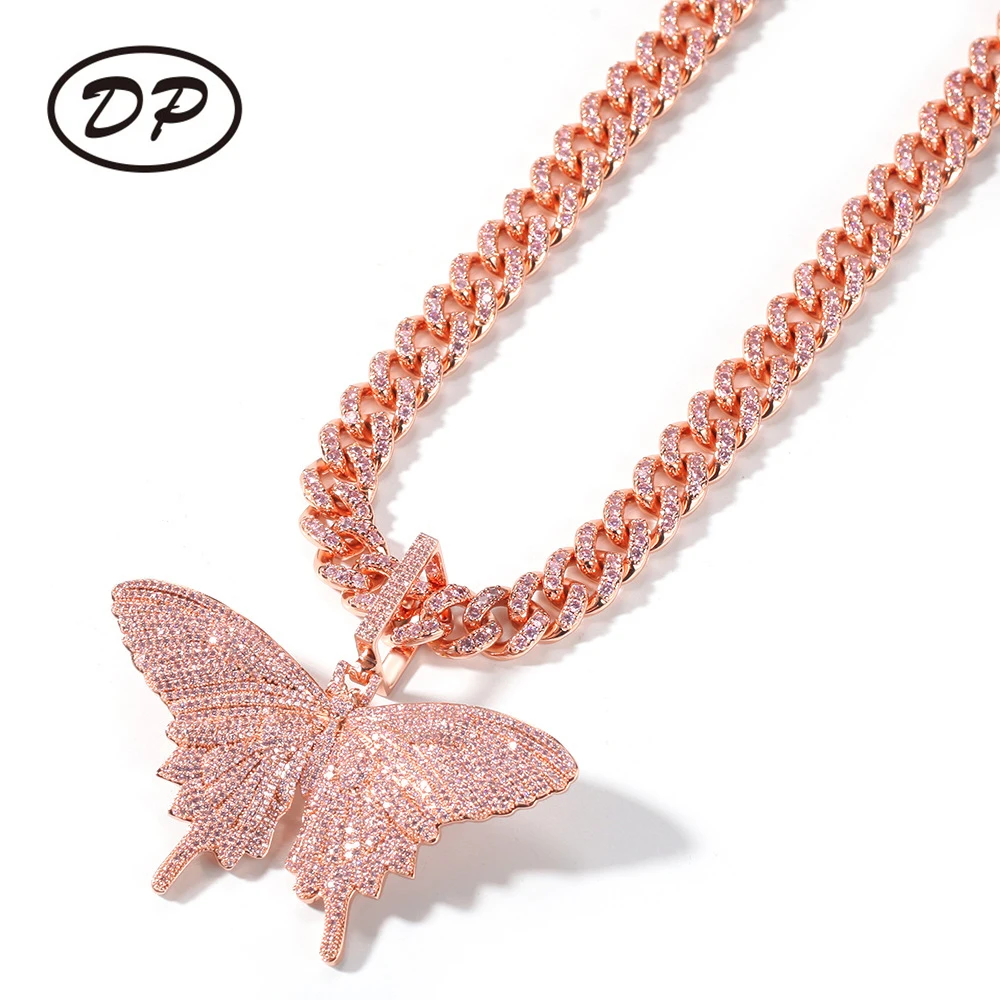 

DP Zircon Crystal Ice Pink Butterfly Charm Pendant Necklace Iced out Rose gold pink cute luxury butterfly with cuban chain