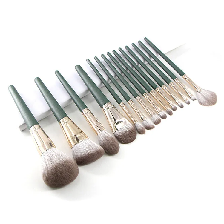 

Pincel Maquiagem Foundation Eyebrow Brush Synthetic Nylon Hair Makeup Brush 14pcs Green Plastic Handle Makeup Brush Set With Bag