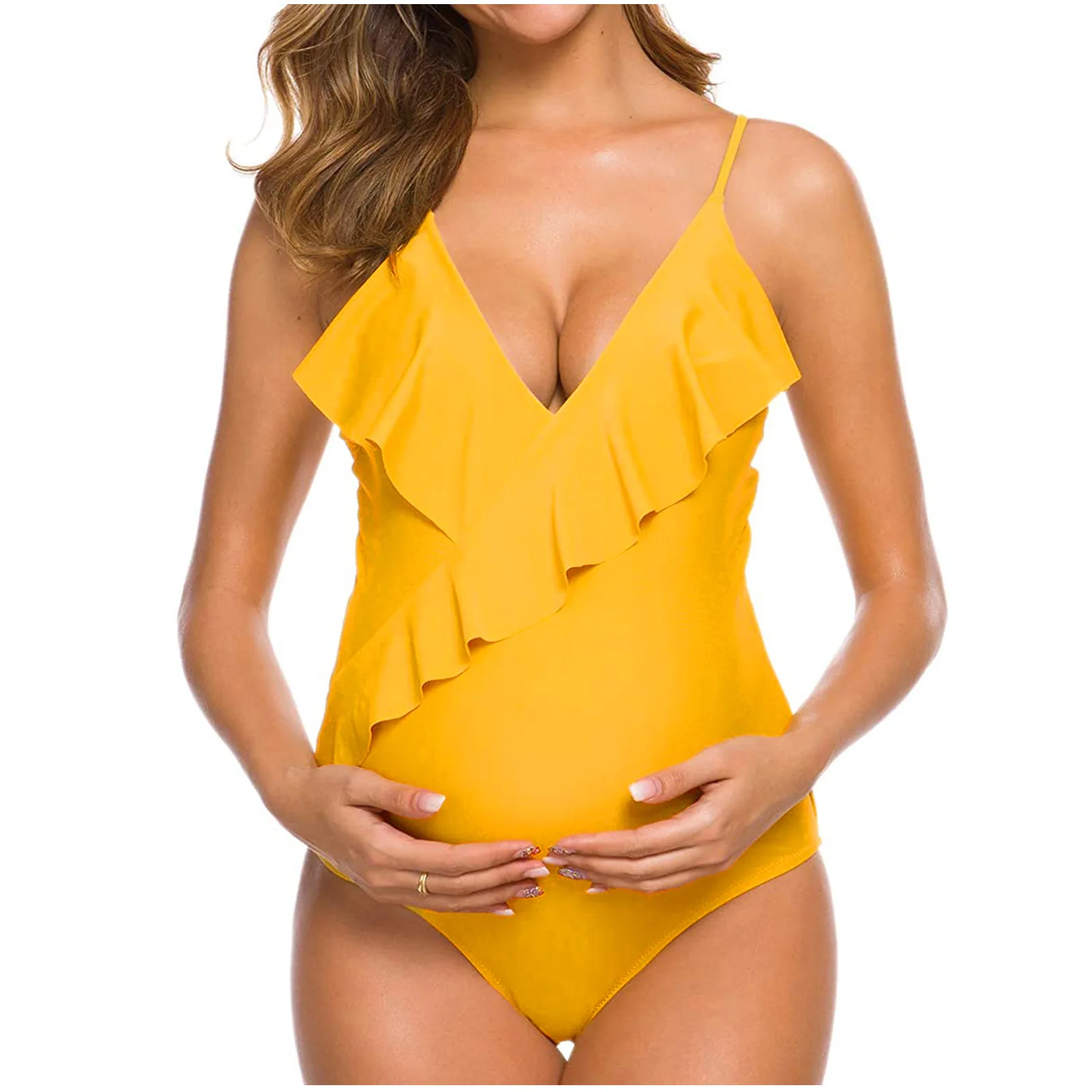 

Fast Shipping Amazon Hot 2022 One Piece Solid Color Maternity Swimwear Ladies Ruffle Beach Swimwear, Picture showed