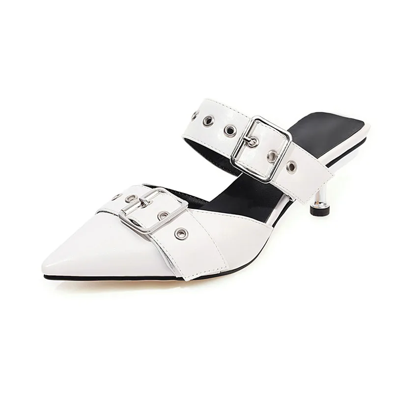 

Black Microfiber Leather Belt bucklel Pointed head Commuter Ladies High heeled Slippers
