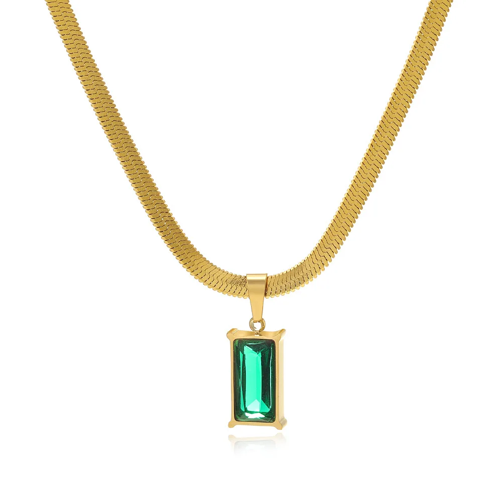 

Simple Design Ins Stainless Steel Snake Chain Green Zircon Choker Necklace 18k Gold Plated Rectangle Emerald Necklace