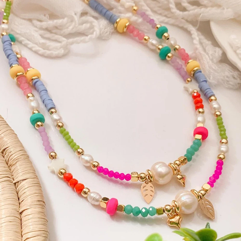 

Go2boho Summer Boho Jewelry Mixed Bead Colorful Crystal Heishi Freshwater Jasper Stone Fashion Necklace For Women