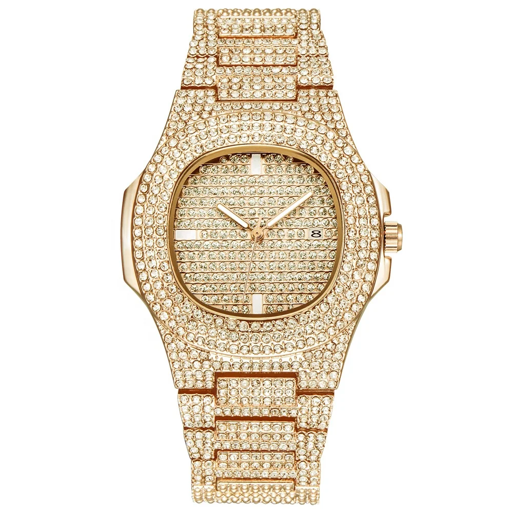 

Mens Watches Luxury Brand Fashion Bling Diamond Date Wrist Quartz Watch in wristwatches luxury, Rose gold