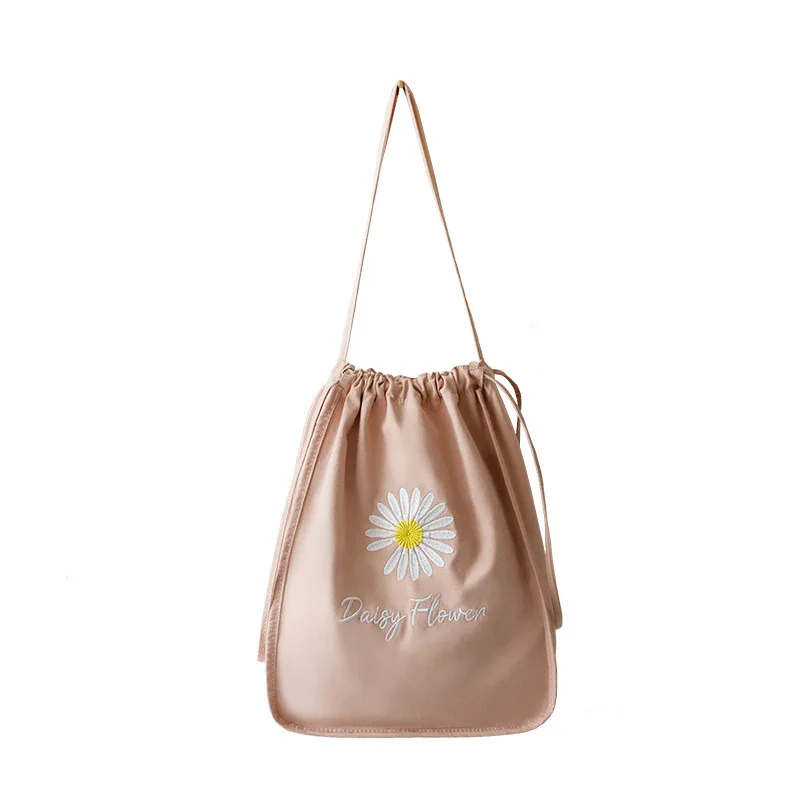 

Ladies daisy flower embroidery canvas sling bag tote reusable drawstring bags, 4 colors for choose/customizable