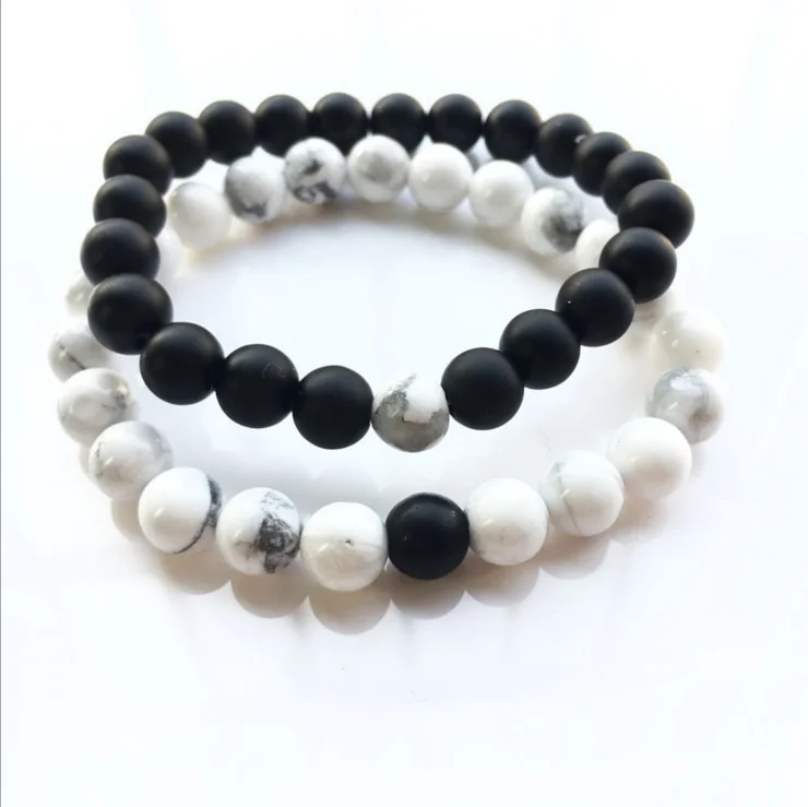 

Black white pine stone beaded lovers couples bracelet