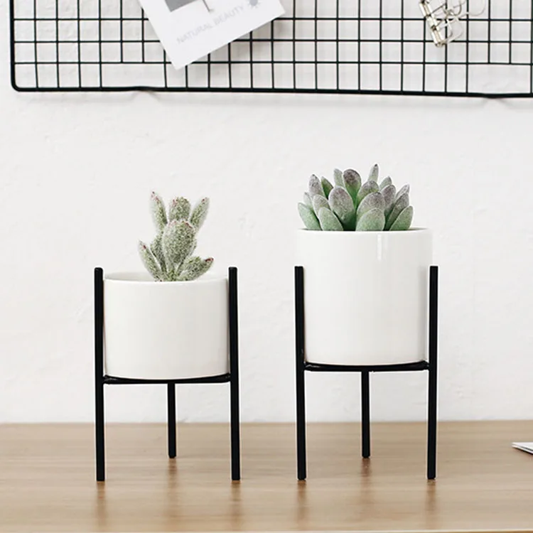 

Ceramic Plant Pot with Iron Frame Stand Modern Round Decorative Flower Pot Indoor Home Decor Gift