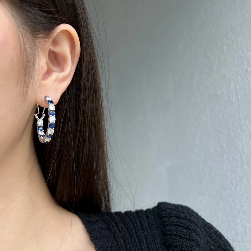 

Dylam trendy custom shiny round cut diamond bling bling C shape S925 silver sterling thick iced out cluster tennis hoop earrings