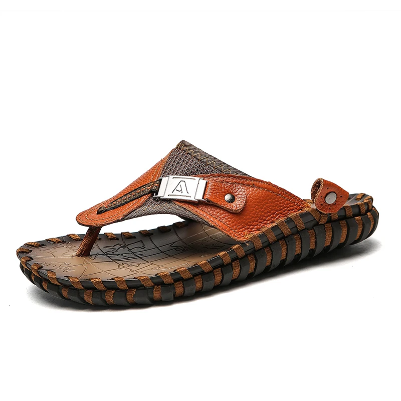 

2021 New Arrival Outdoor Stylish Men's Flip Flops Summer Plus Size 48 Fashion Genuine Leather Slippers For Men