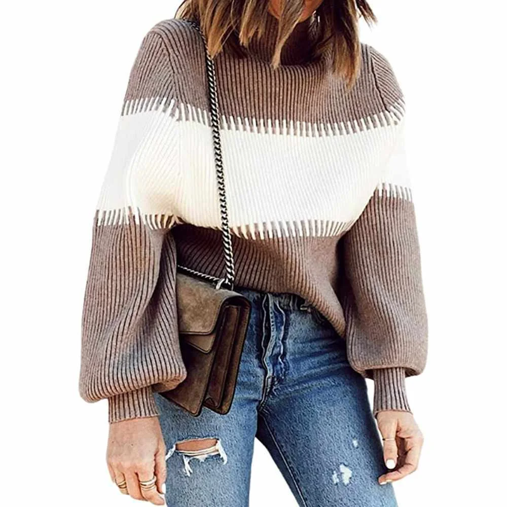 

Autumn Winter contrast color long sleeve pullover woman sweater