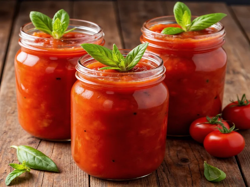 Three jars of homemade tomato sauce with fresh basil garnish