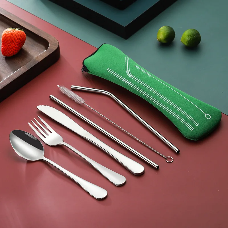 

Portable Reusable Travel Utensils Set with bag Cutlery Flatware Set Includes Knife / Fork/ Spoon / Straws / Cleaning Brush