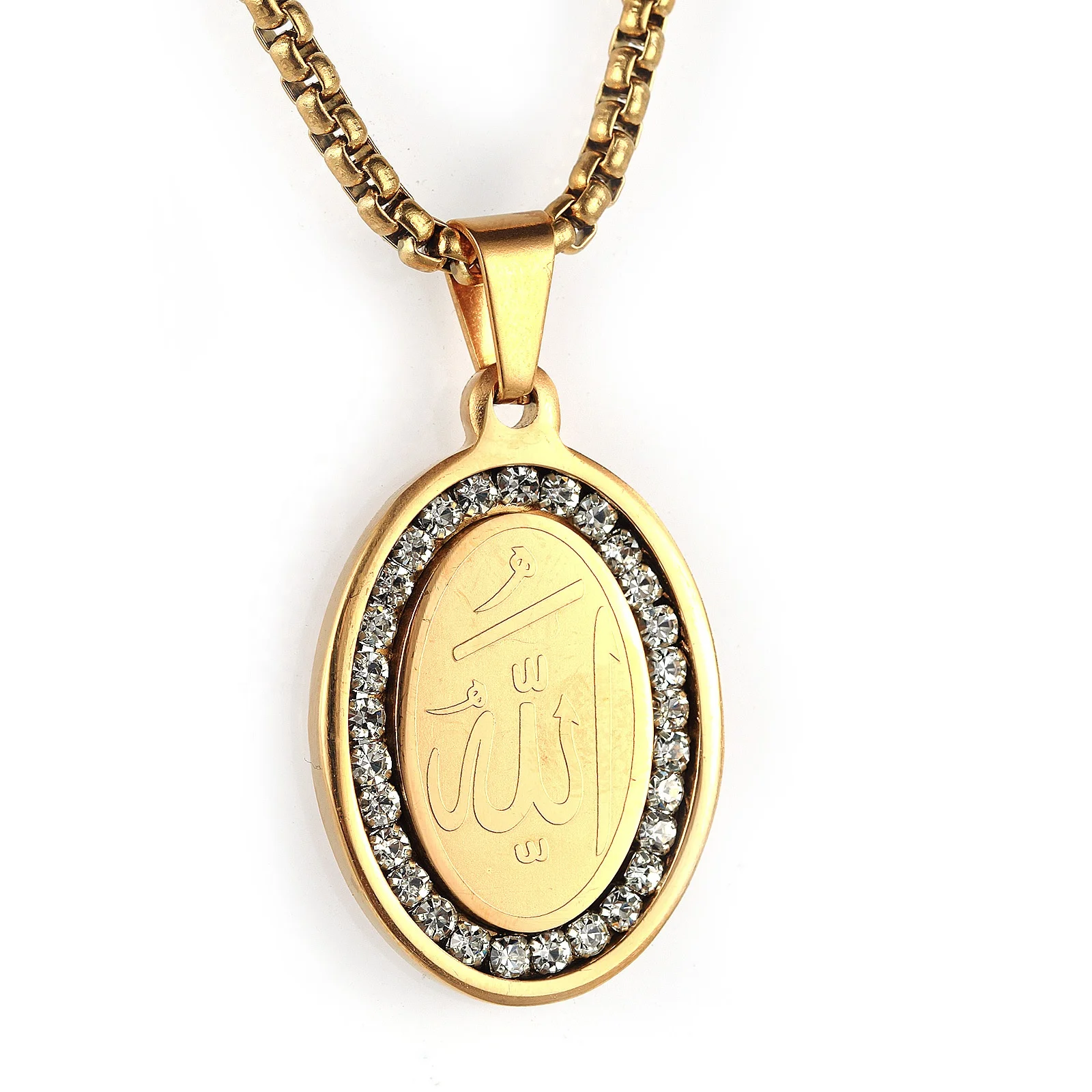 

Religious Stainless Steel Islamic Allah Oval Zircon Pendant Necklace, Gold,silver