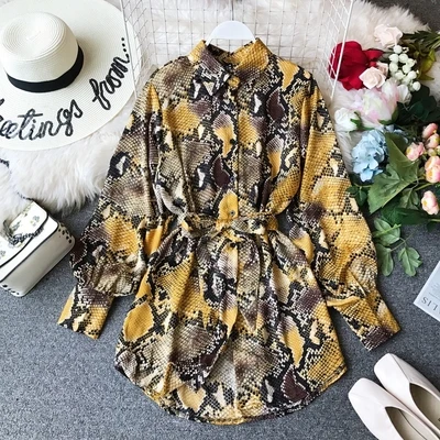 

2020 European Style Women Fashion Loose Snake Leopard Print Shirt Dress