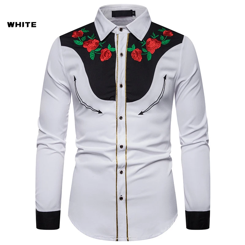 

Men's fashion long sleeve shirt western style casual Rose Embroidered Shirt