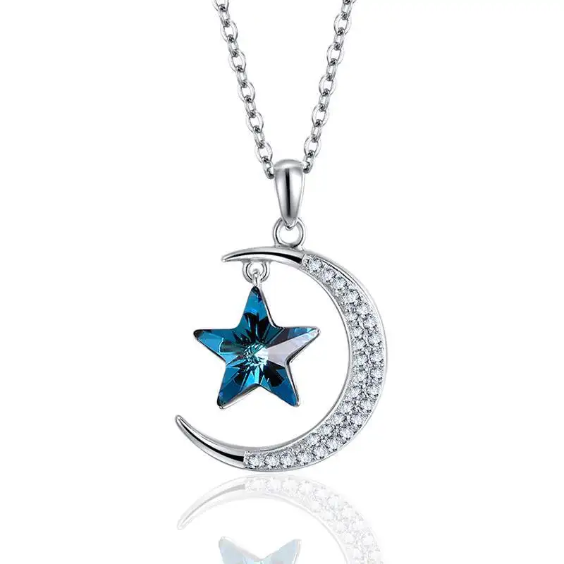 

Fashion Elegant Lady Pendant Necklace 925 Sterling Necklace Crystal Moon Star Pendant Necklace