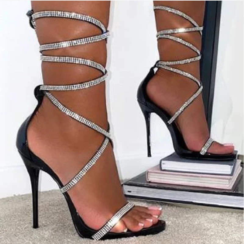 

100847Deleventh Shoes Woman Party Shoes Suede Sexy Rhinestone Roman Ankle Crossed Tied Stiletto High Heels Sandals Black Plus