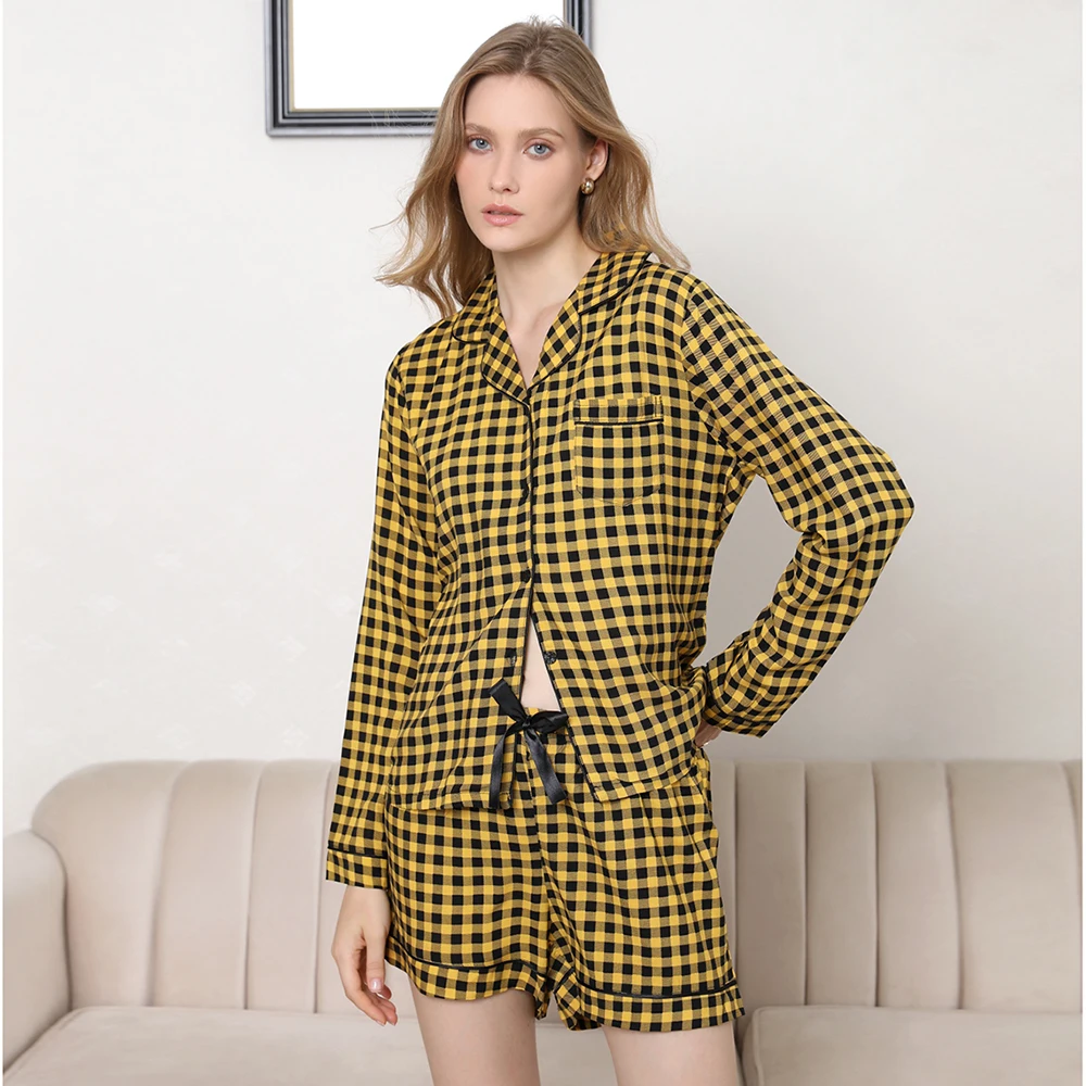 

Yellow plaid printing 100% rayon cotton long sleeve sleepwear short pant pj set adult female girls pjama women pijamas-por-mayor