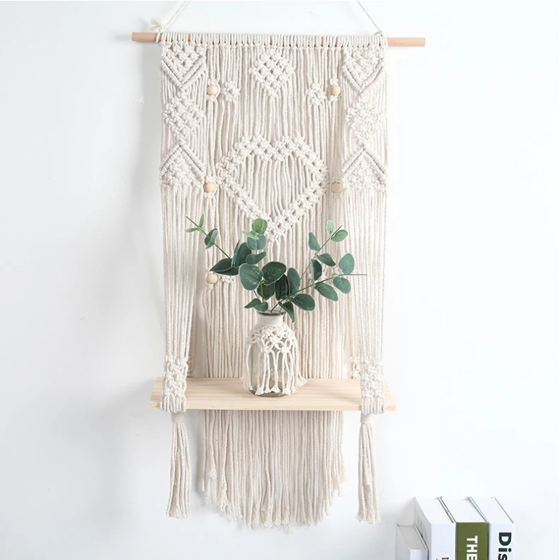 

Macrame wall hanging shelf boho decor macrame Plant Hanger Woven Wall floating Hanging Indoor Outdoor Plant Pot Basket Holder, White