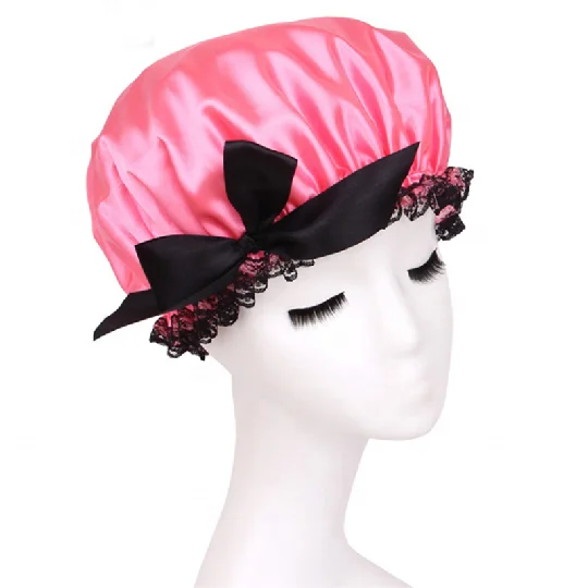 

Satin+EVA Lace Bowknot Shower Hat Double Waterproof Bathing Hat Fashion Eco-Friendly Design Bath Hat, Watermelon red/rose/purple/pink