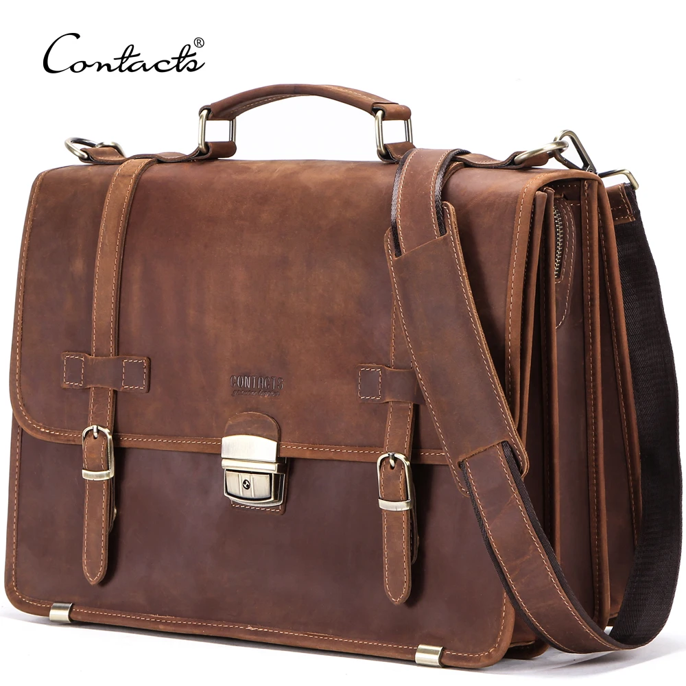 

contact's crazy horse leather adjustable shoulder strap wholesale custom vintage leather messenger bag for men 14 inch laptop, Coffee or customized color