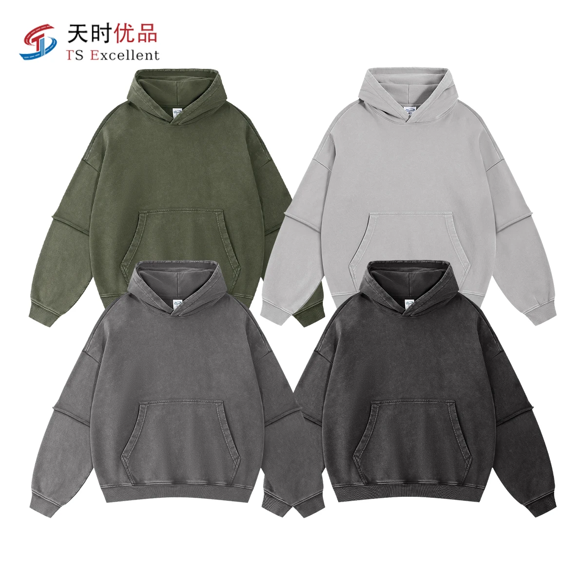 Wholesale Customizable Men's American Retro Hoodie Washed & Distressed Loose-edge Sleeve Design