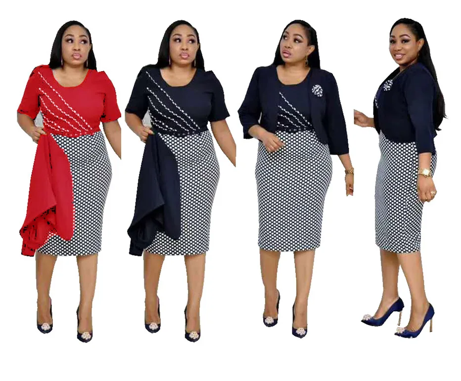 

African plus size women's round neck check temperament commuter dress small jacket