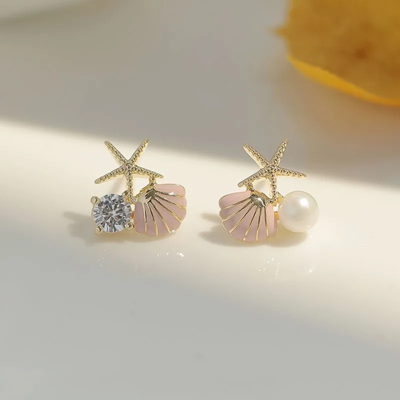 New Trendy Sweet Temperament Earrings Imitation Pearl Earrings Starfish Shell Stud Earrings for Women Jewelry