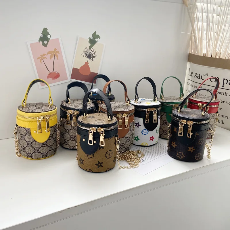 

New Arrival Children Crossbody Bag Print PU Leather Cylinder Chain Shoulder Messenger Bag Handbag for Kids Girls, 8colors