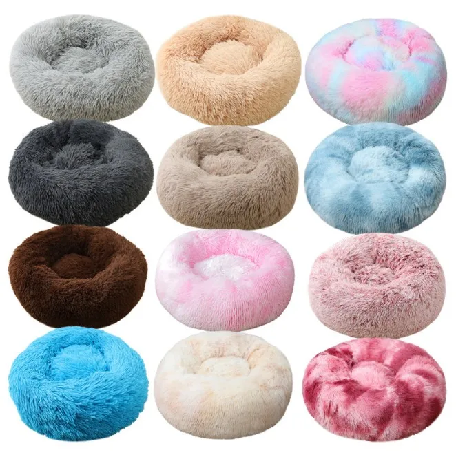 

Long Faux Fur Pet bed Comfortable Waterproof Plush Pet Bed Donut Round Dog Bed