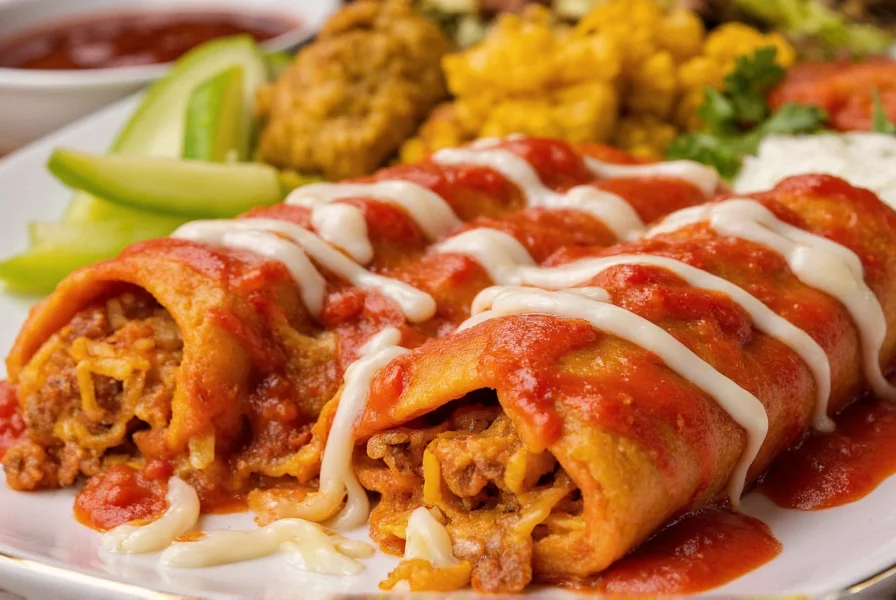 Stacked enchiladas smothered in New Mexico red chile sauce with traditional sides
