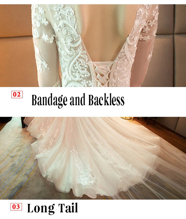 New French High-Neck Elegant Bride Dress Lace Decoration Long Tail Women Wedding Dress