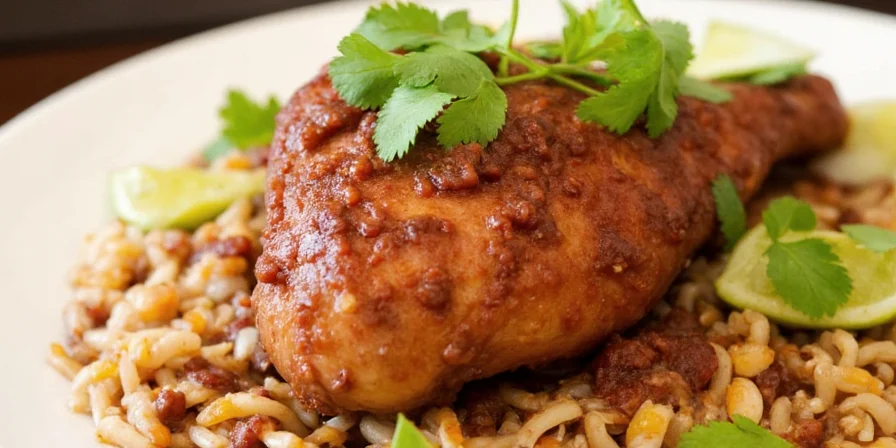 Golden brown chicken thighs swimming in rich mole sauce.