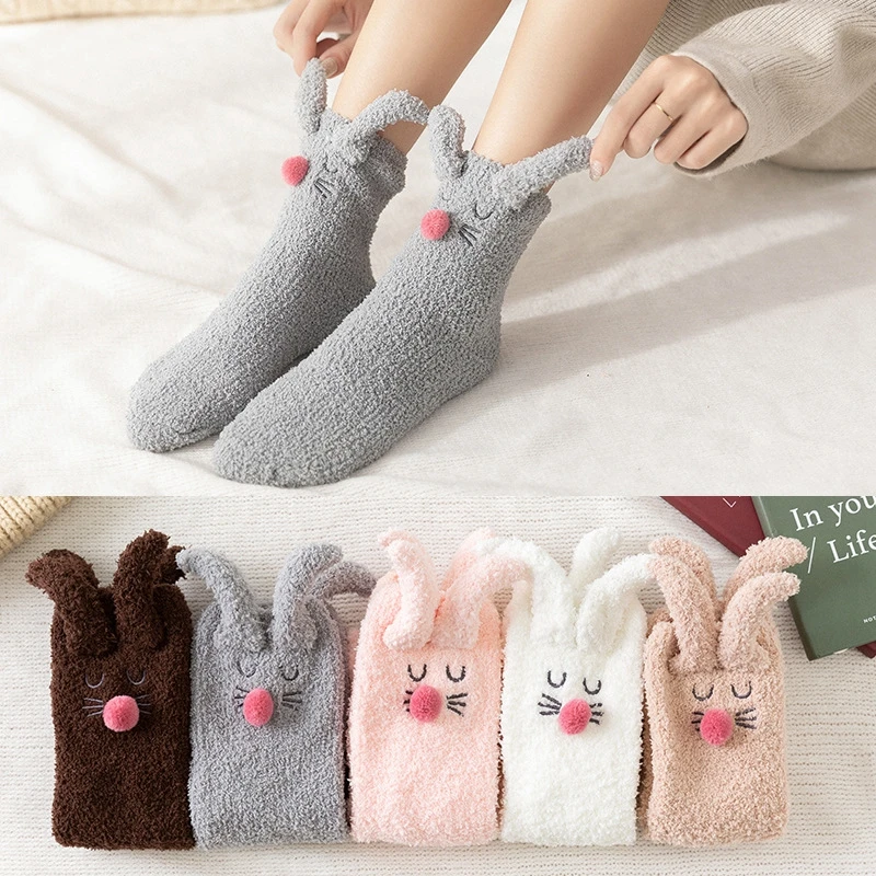 

Rabbit Ears Cute Socks Women Girl Coral Fleece Thicken Cartoon Animal Print Middle Socks Women Sleeping Socks, As picture