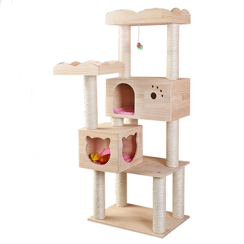 

Factory Direct Sales Wooden Large Cat Scratcher Tree House Tower Toy Solid Wood Sisal Luxury Cat Climbing Tree, Beige