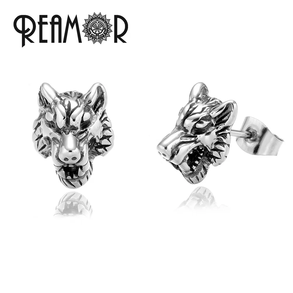 

REAMOR Men Wild Wolf Animal Stud Earrings Punk Style Personalized Stainless Steel Earrings for Men Women Jewelry, Silver color