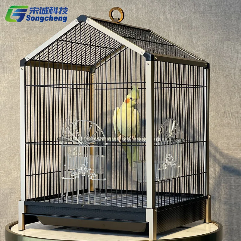 

High Quality Stainless Steel Parrot Cage Large Size Pet Birdcage Detachable Cage Easy to Clean Canary Bird, Black & white