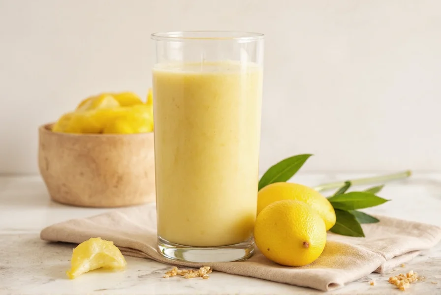 Close-up of fresh ginger root being grated into a high-speed blender with citrus fruits and leafy greens
